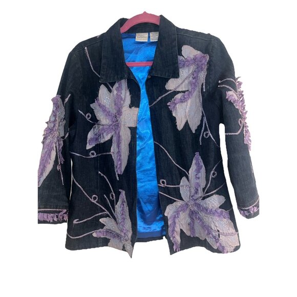 Vntg Bleu Bayou Blue Denim Jacket Artsy 3/4 Sleeve Small Open Jacket Women’s M - Picture 1 of 11